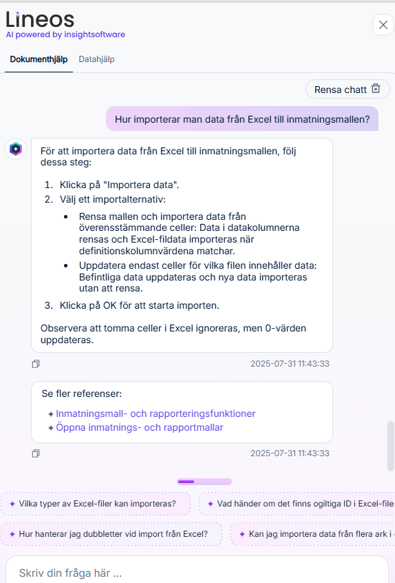 Lineos Dokumnenthjälp chattfönster med svar och länkar till källmaterial.