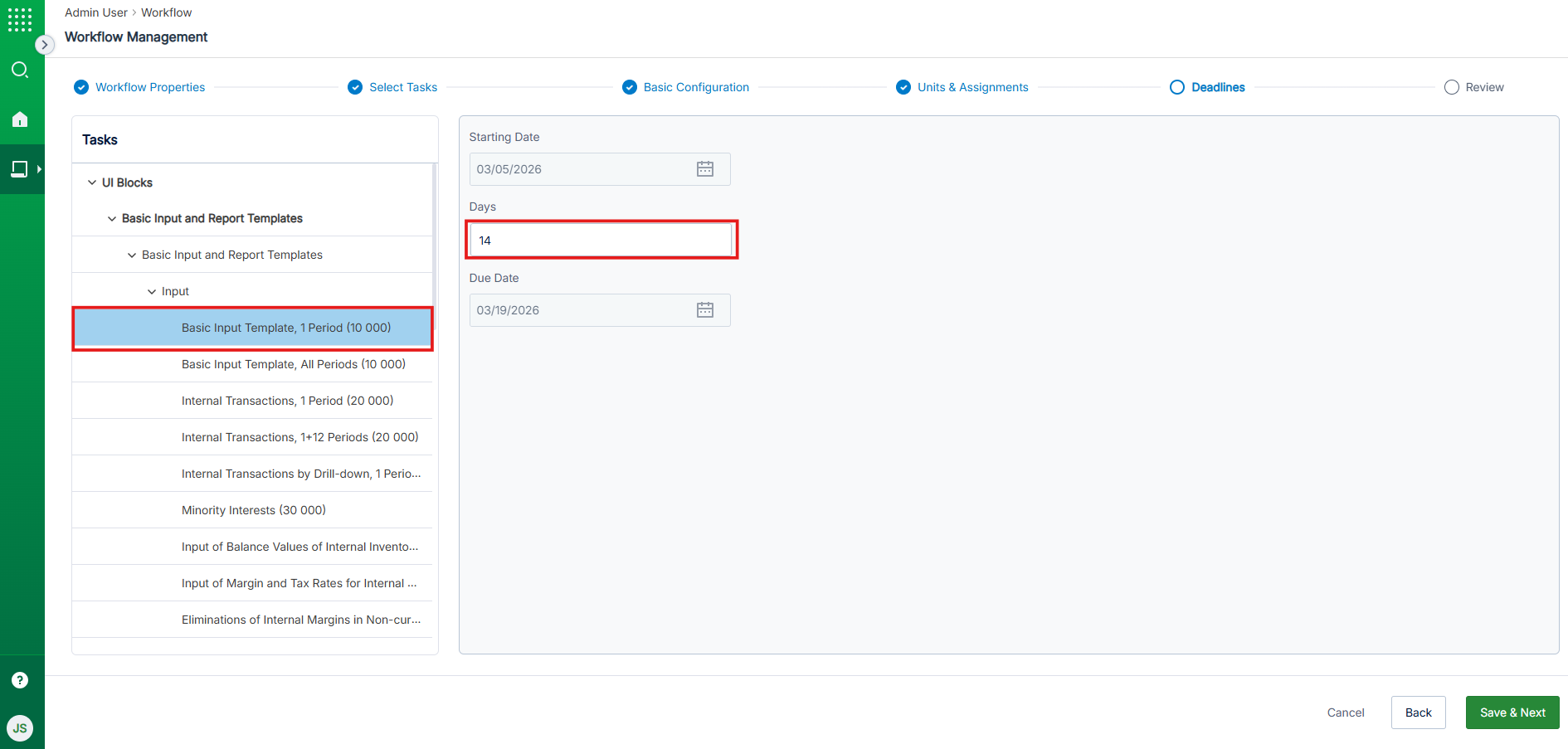 Deadlines view where you can see UI block and task list and hierarchy on the left panel and the date selections for the selected task on the right panel.