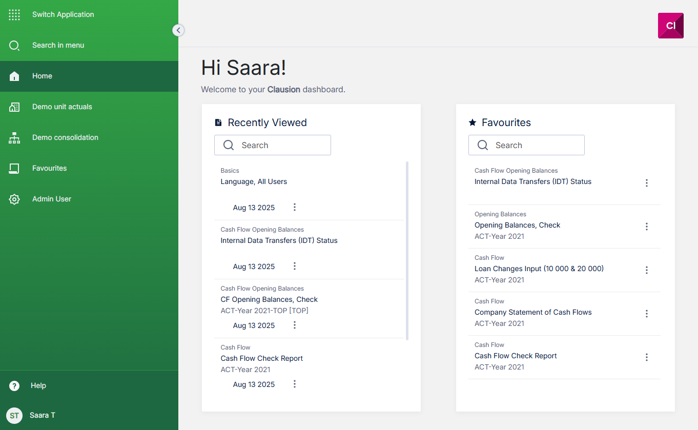 Clausion Web Client home page (navigation bar expanded)