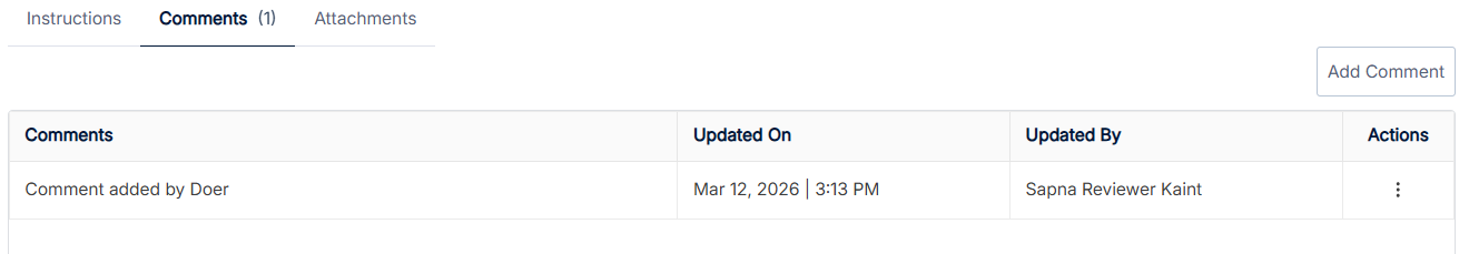 Comments view with Add Comment button and rows including Comments, Updated On, Updated By and Actions columns.