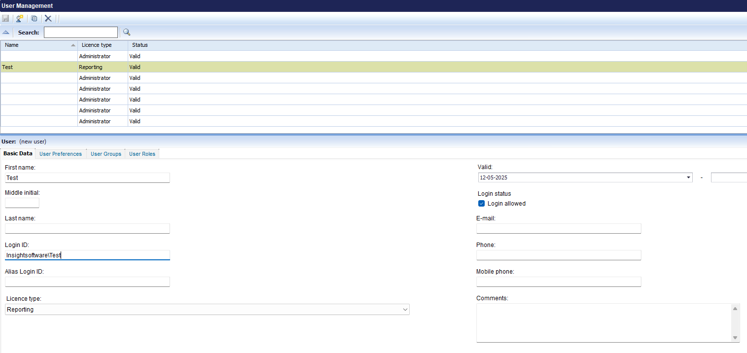 Basic Data tab on User Management view with the new Comments field