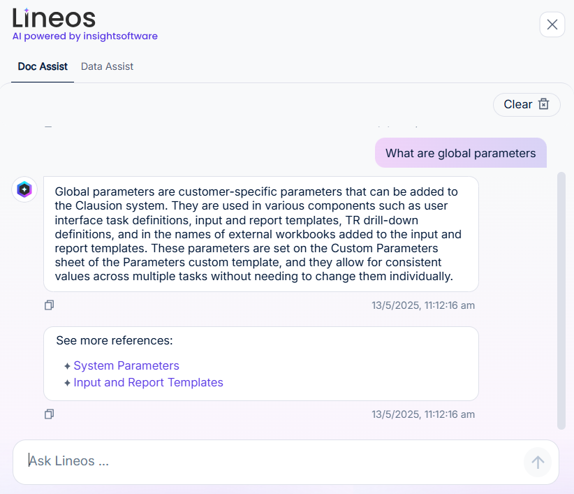 Lineos Doc Assist chat box with reply and links to source materials.