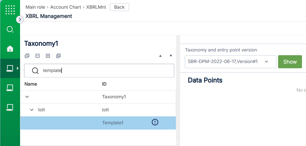 XBRL Management view with search field, search term and search results.