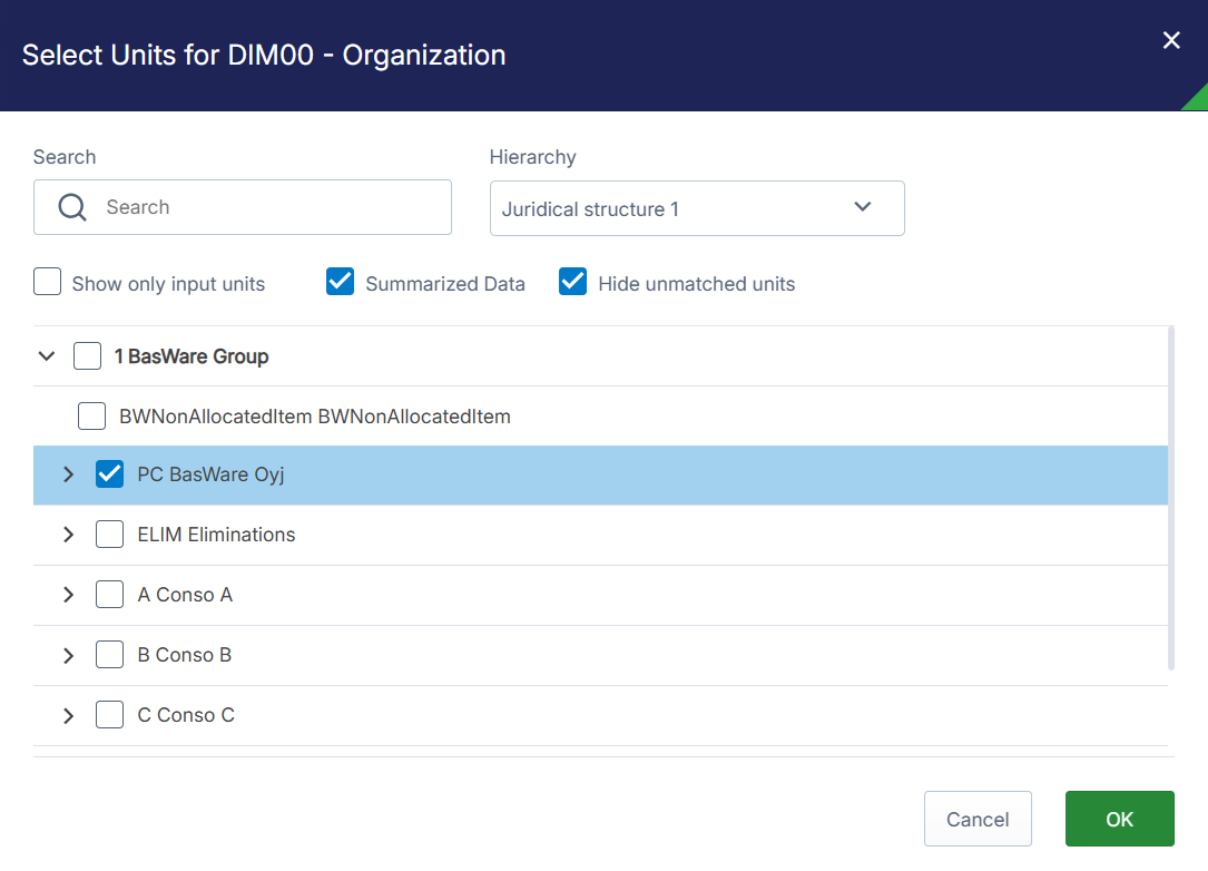 Summarized Data checkbox in the unit selection pop-up