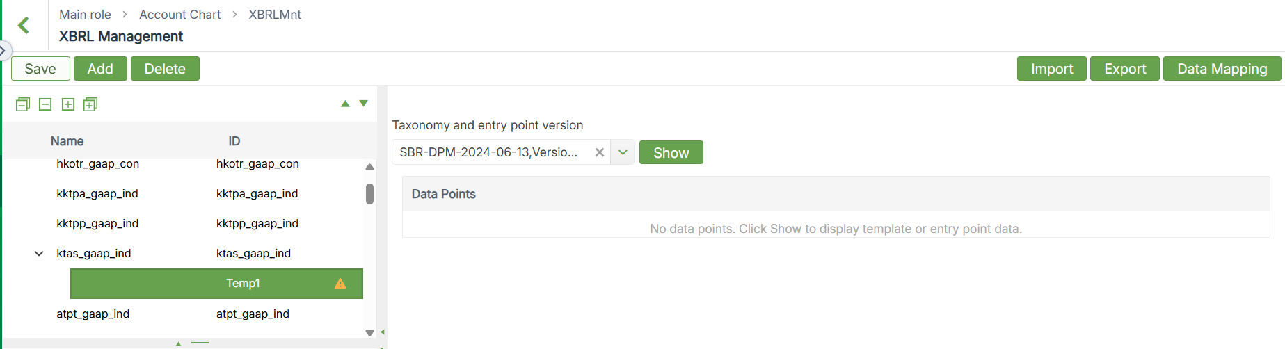 Open XBRL-template with import and export buttons