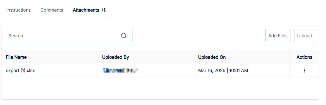 Attachments view with Add Files and Upload buttons, and rows with File Name, Uploaded By, Uploaded On and Actions columns.