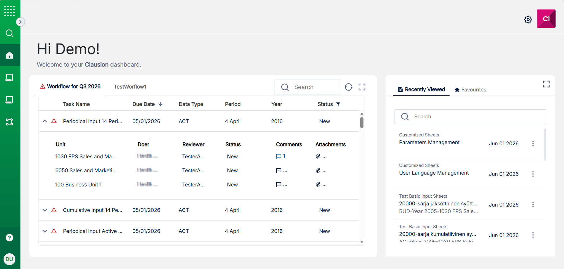 The Web Client landing page with the Workflow widget alonside Recently Viewed and Favourites sections.