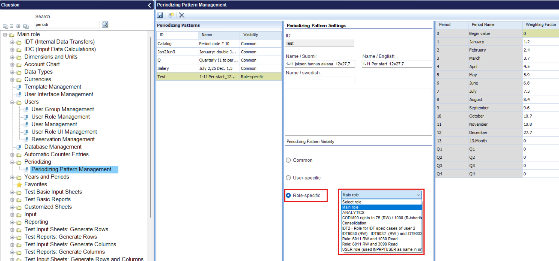 Role-specific option selected in  Periodizing Pattern Management view with role selection drop-down opened.