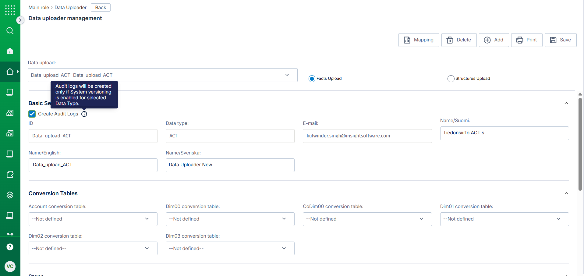 Data Uploader Management view with the new selection Create Audit Logs visible and selected.