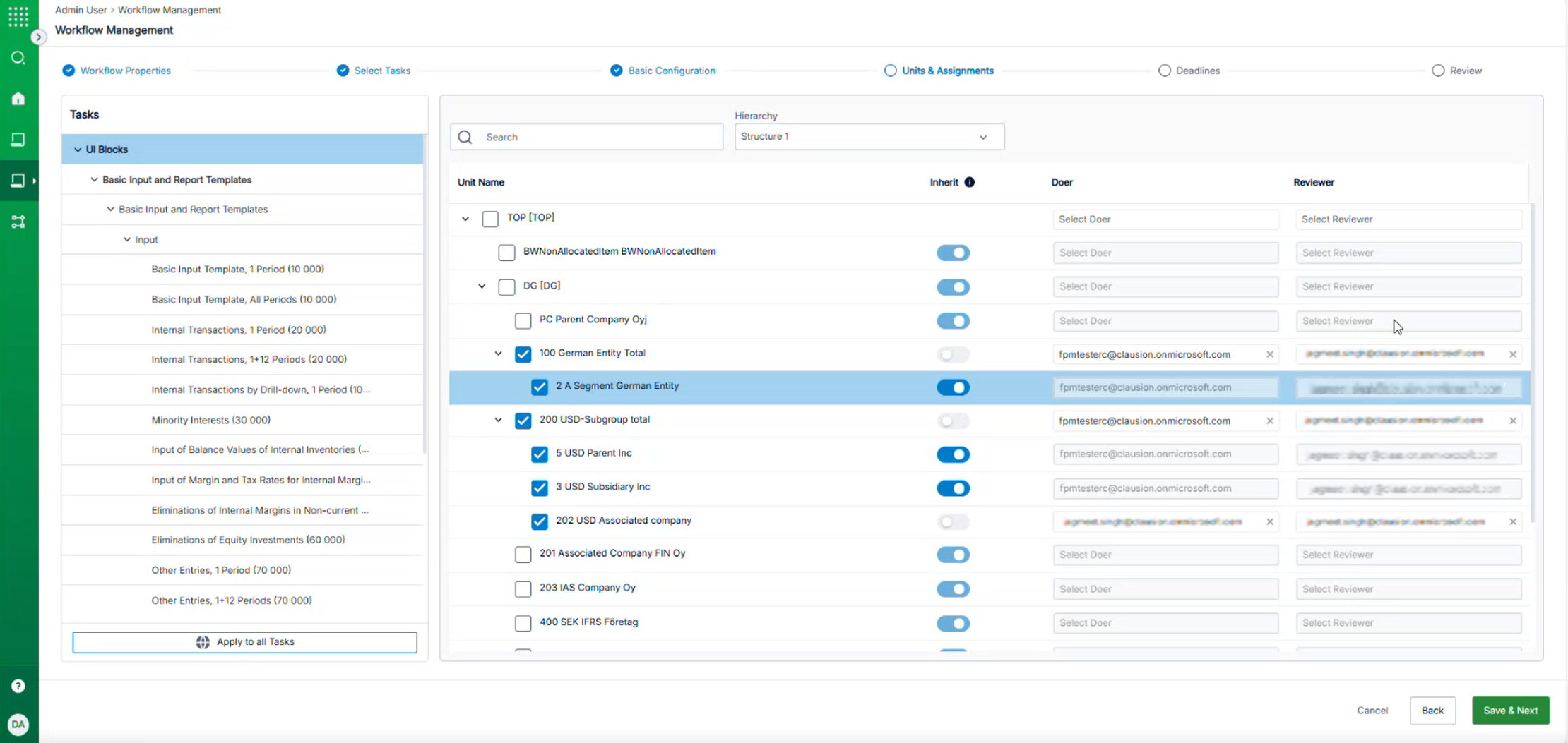 Units and Assignments view where you can see a list of UI blocks and their hierarchy on the left panel and Unit Name, Inherit selector, Doer, and Reviewer selections columns for each unit.