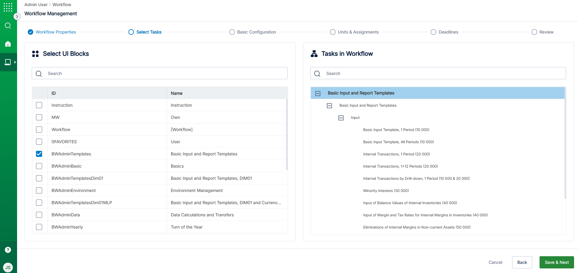 Select Tasks view which consists of UI Block and Task sections.