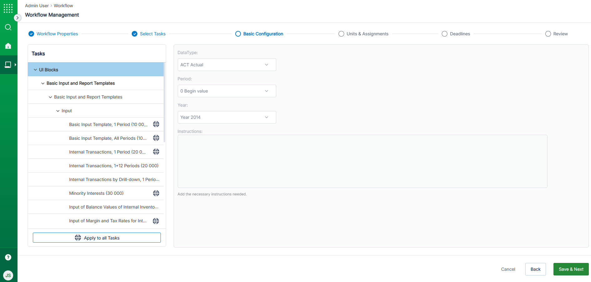 Basic Configurations view with UI Block and Task selection on the left and the configurations on the right.