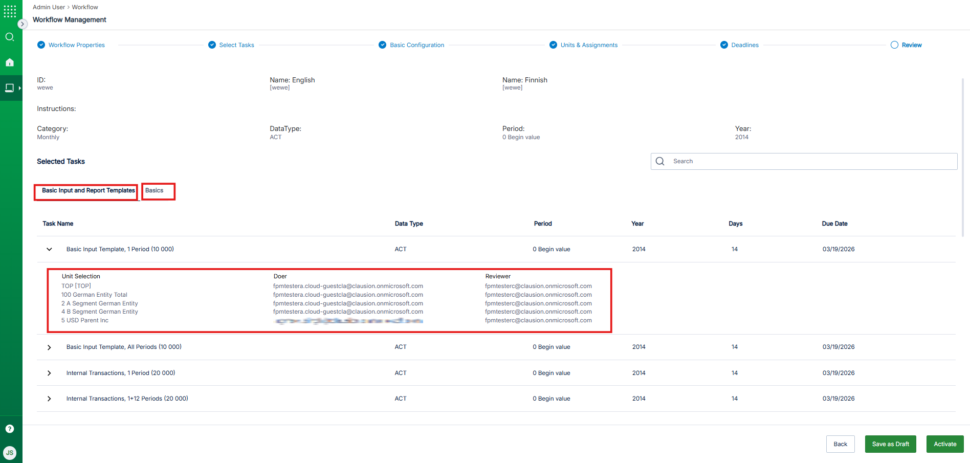 Review screen where you can see complete workflow configuration on a single page, and Back, Save as Draft and Activate buttons on the bottom right corner.