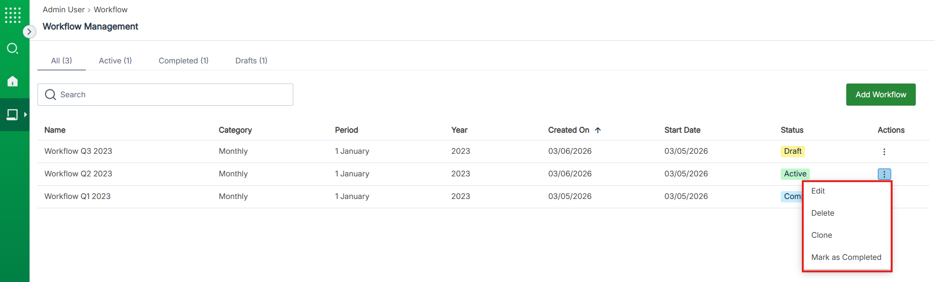 Workflow Management view with Actions menu opened for a workflow from the ellipsis icon in the Actions column.