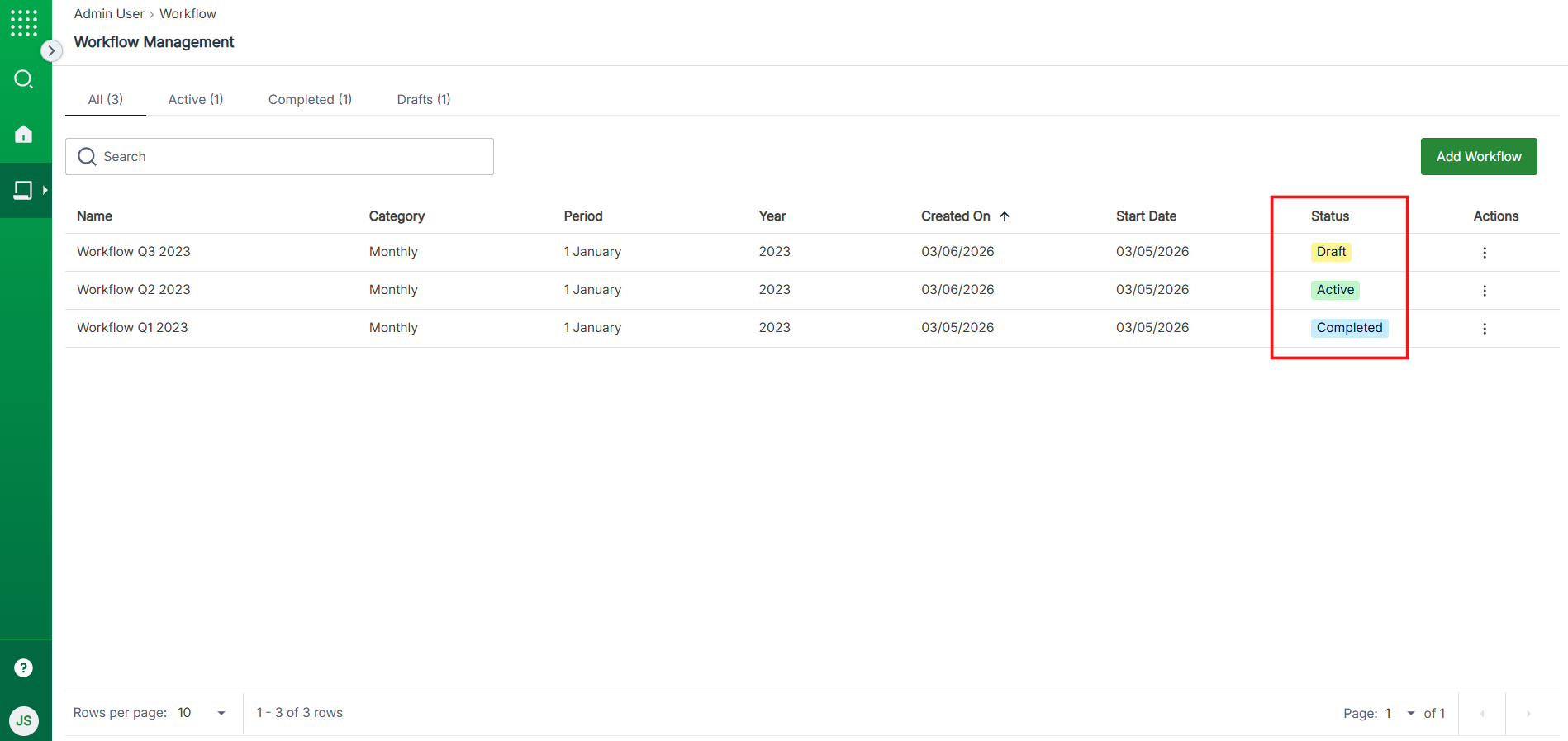 Workflow Management view with list of workflows and their statuses.