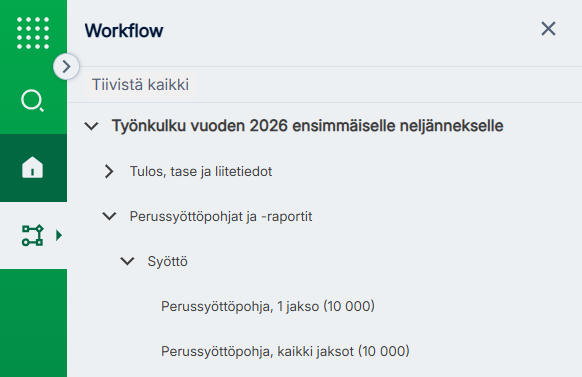Työnkulkuvalikko vasemmassa navigoinnissa, jossa näkyy useita työnkulkuja puunäkymässä