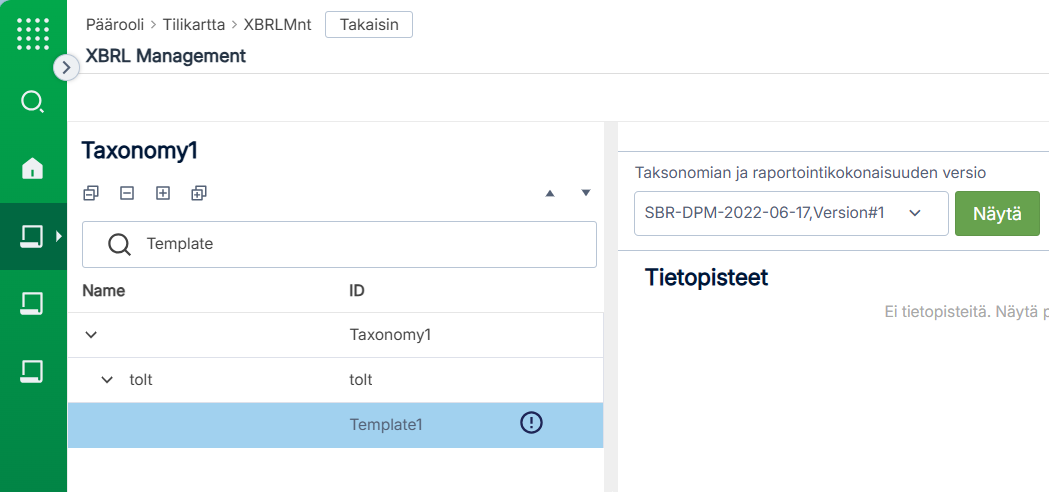 XBRL-hallintanäkymä, jossa uusi hakukenttä, hakusana ja hakutuloksia.