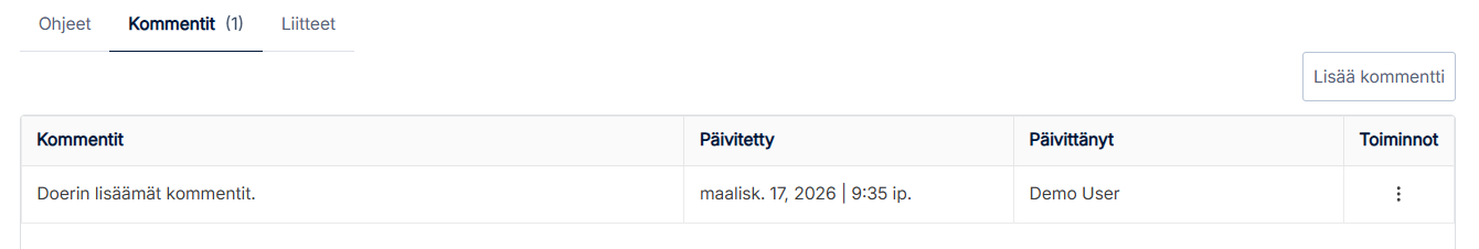 Työnkulun kommenttinäkymä, jossa näkyy rivillä kommentti, päivitetty, päivittänyt ja toiminnot -sarakkeet.