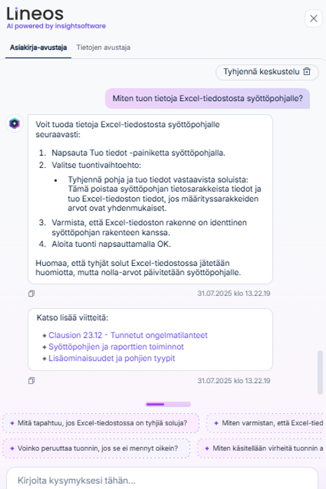 Lineos asiakirja-avustaja chat-ikkuna yhteenvedon ja lähdelinkkien kera.