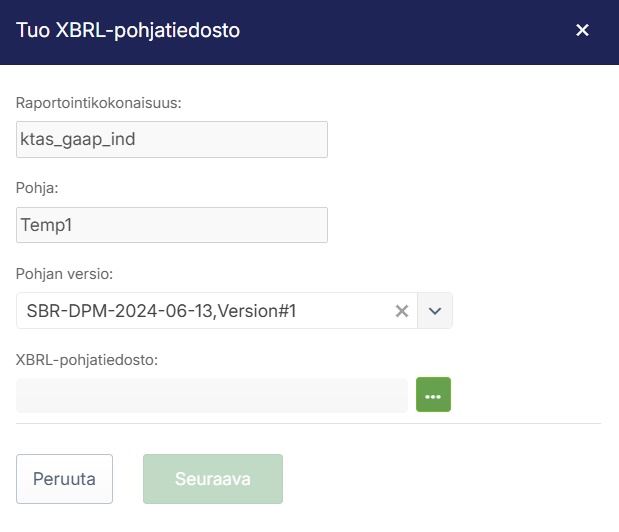 Tuo XBRL-pohjatiedosto -ponnahdusikkuna