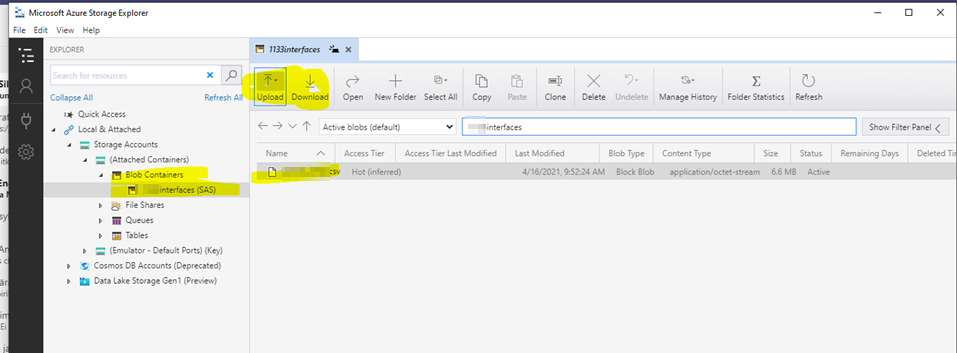 Blob container view in Azure Storage Explorer with Delete, Upload and Download options for the file