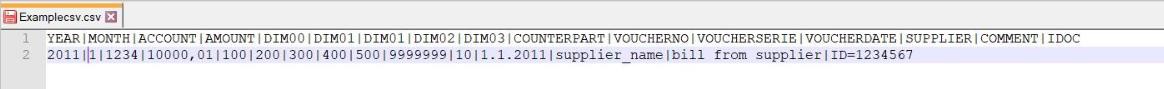 Csv file with 2 rows: the 1st row includes fields and the 2nd includes values