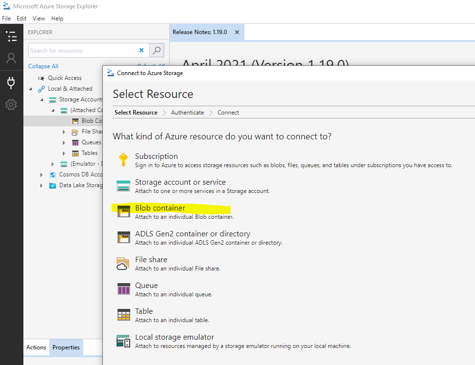 Screenshot of Select Resource pop-up with Blob container option