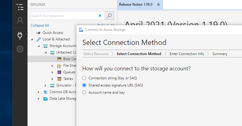 Select Connection Method pop-up with Shared access signature URL (SAS) option selected