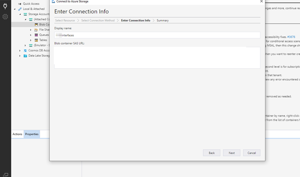 Enter Connection Info pop-up with Display Name and Blob container SAS URL fields