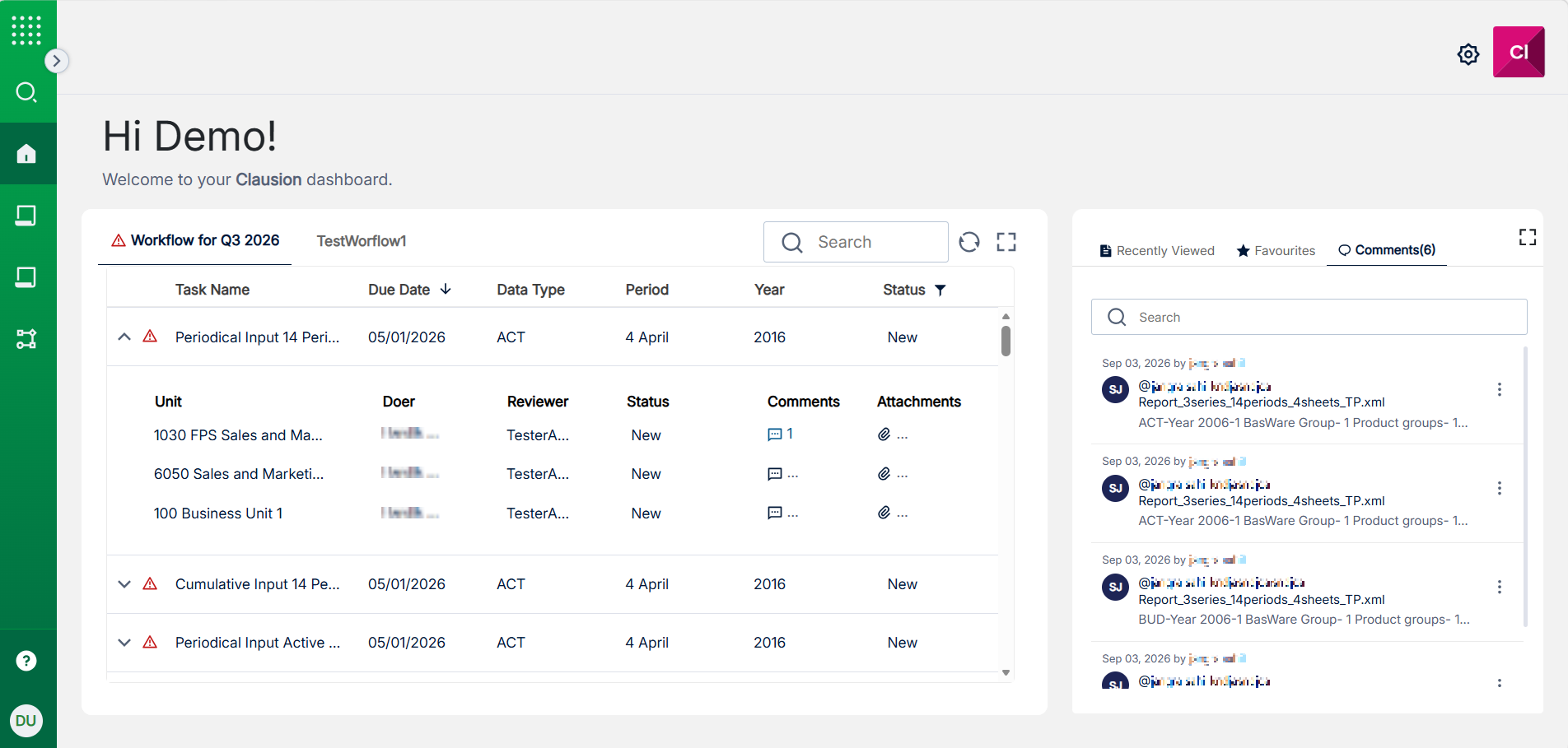 The Web Client landing page with the Workflow widget alonside Recently Viewed, Favourites and Comments sections.