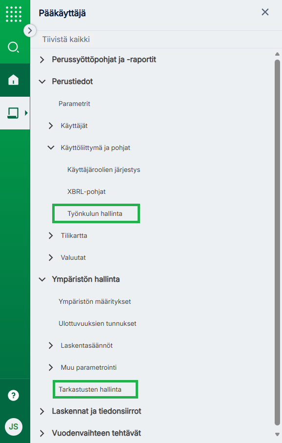 Työnkulkujen ja tarkastusten hallinat oletuskäyttöliittymätehtävien valikossa.