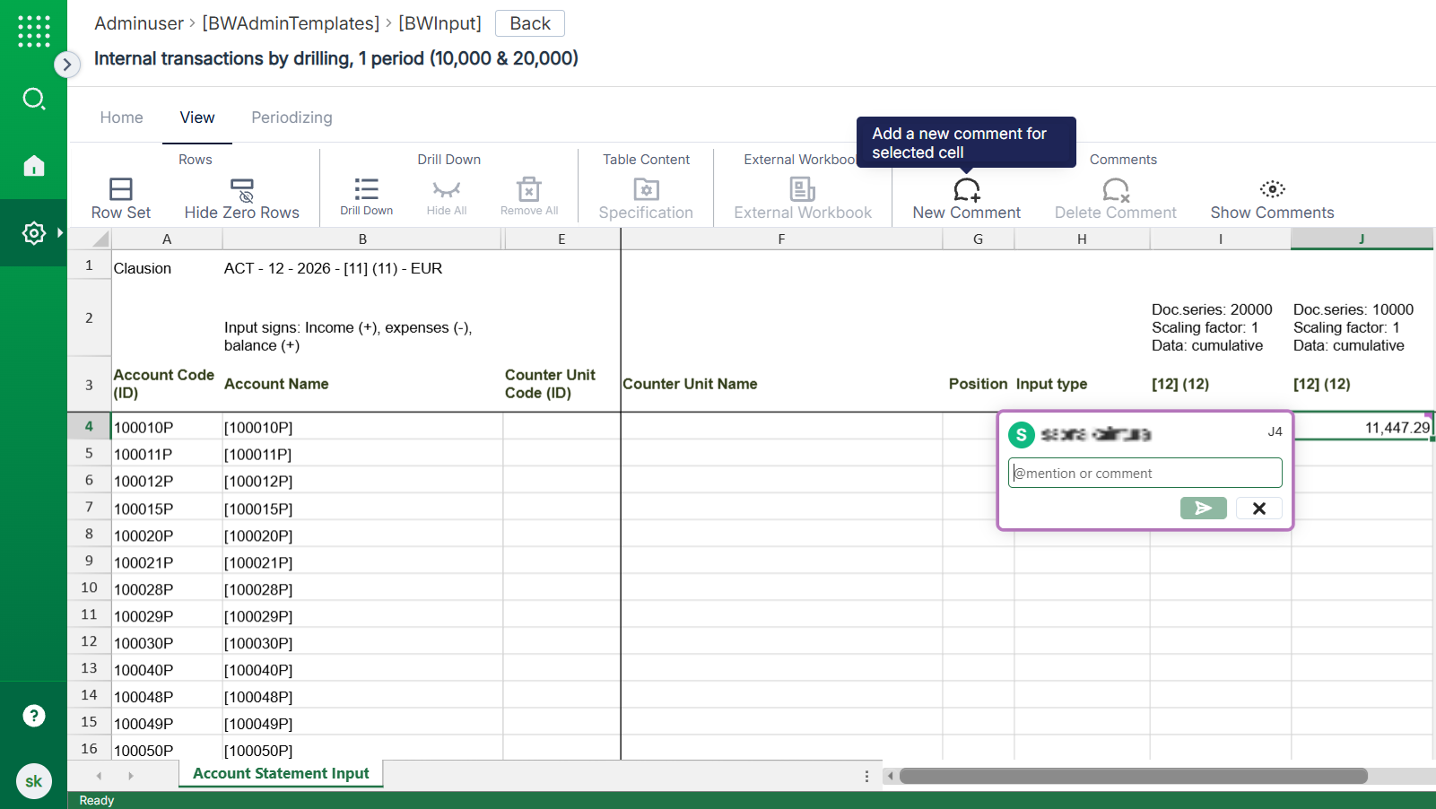 

Screenshot of the template with a cell selected and a comment being added to it. The popup window for adding the comment is open and displayed on top of the view.